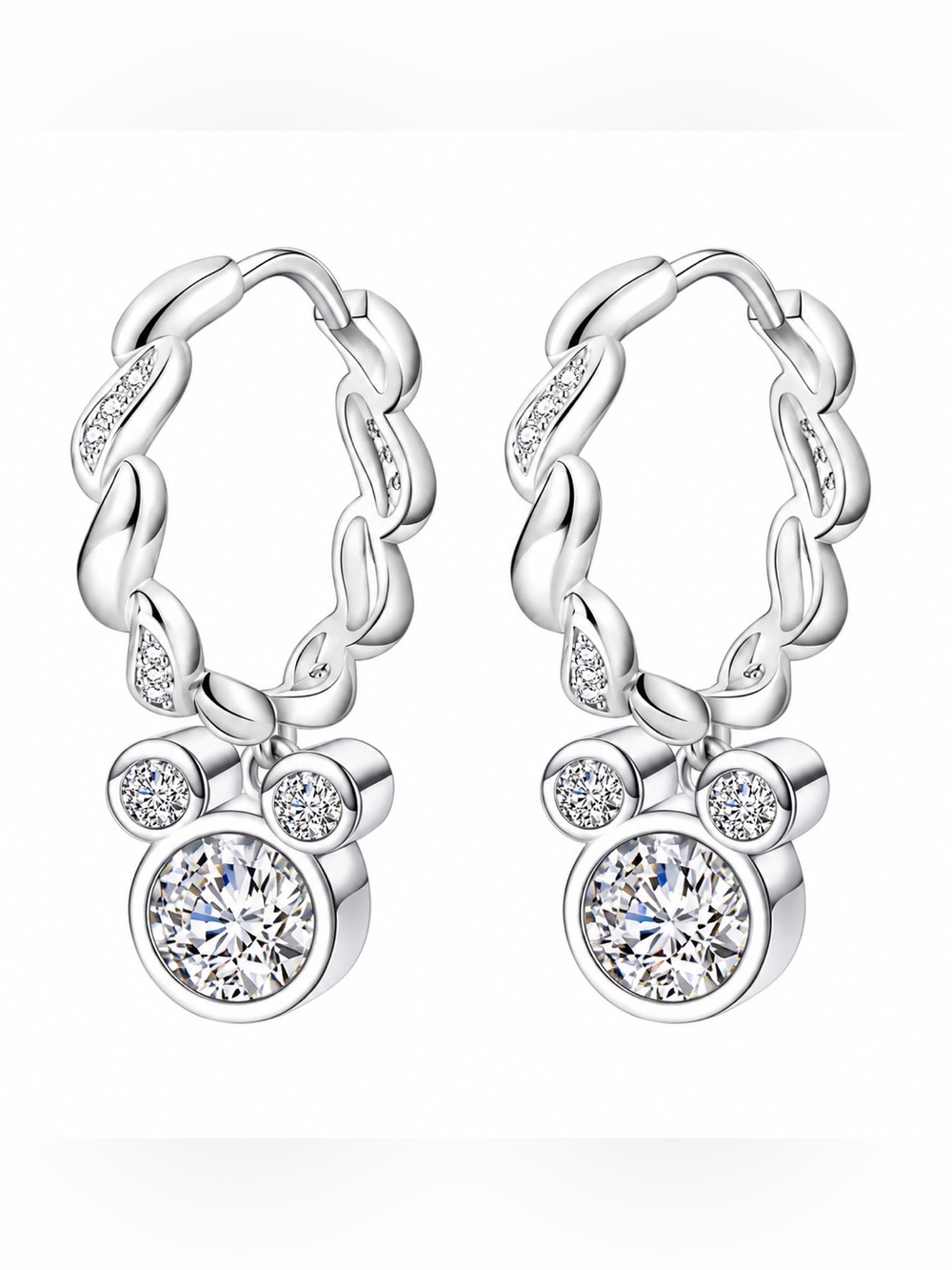 🐭 Sterling Silver Mickey Mouse CZ Dangle Hoop Earrings